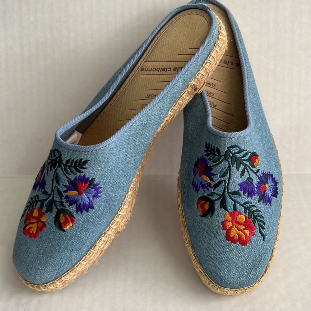 Liz Claiborne Light Blue Espadrille Mules with Multicolor Floral Embroidery